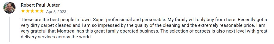 Commentaire 5 étoiles d'un client satisfait par notre entreprise familliale et ses services de nettoyage et livraison.